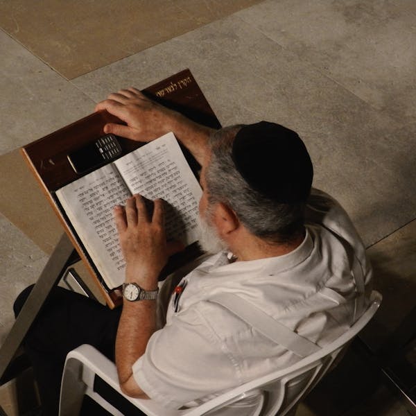 A man with a kippah reads a religious text in a peaceful setting, viewed from above.